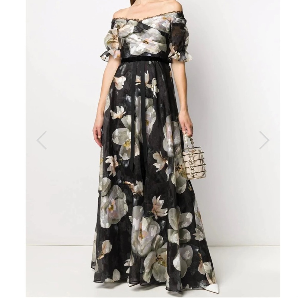 Marchesa Notte Floral Off-the-Shoulder Gown